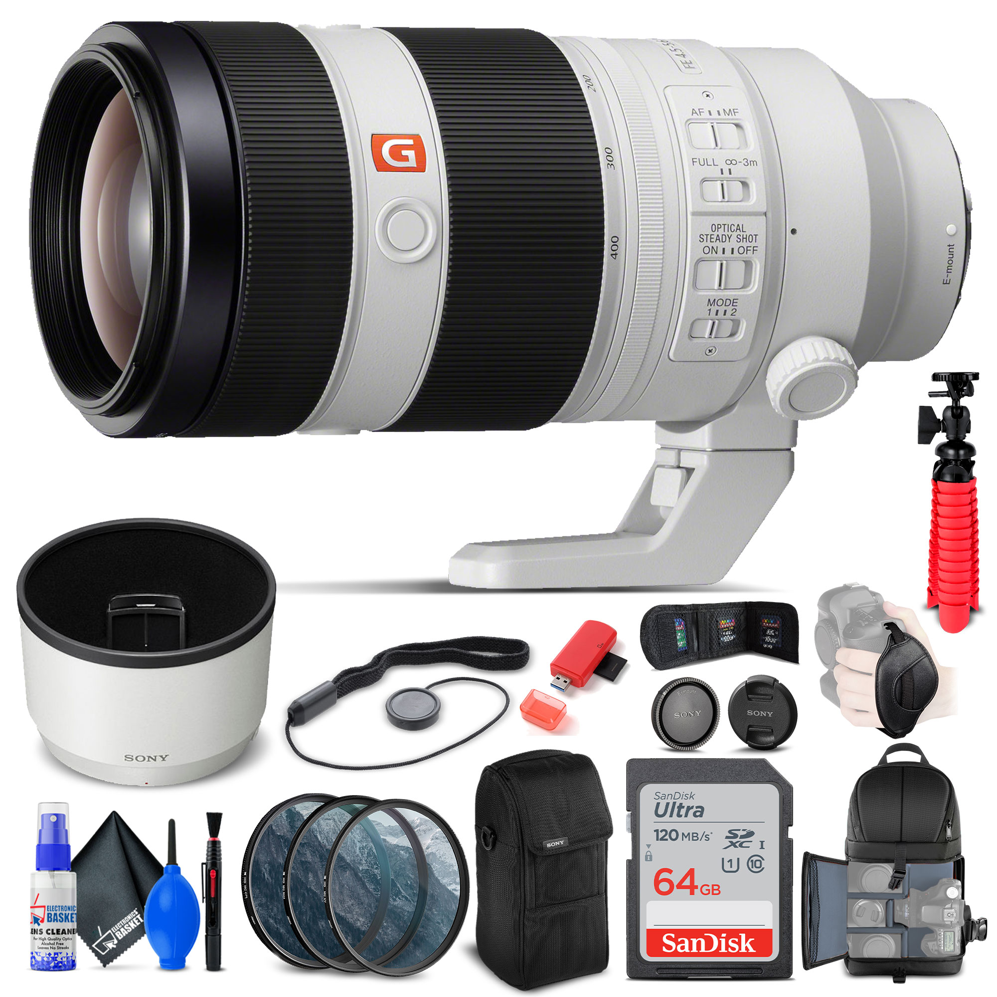 Sony FE 100-400mm f/4.5-5.6 GM OSS Lens + Filters + BackPack +  